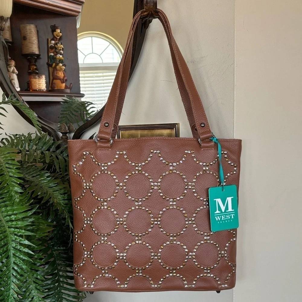 Brand New Montana West Select Genuine Leather Brown Studded Concealed Carry Tote
